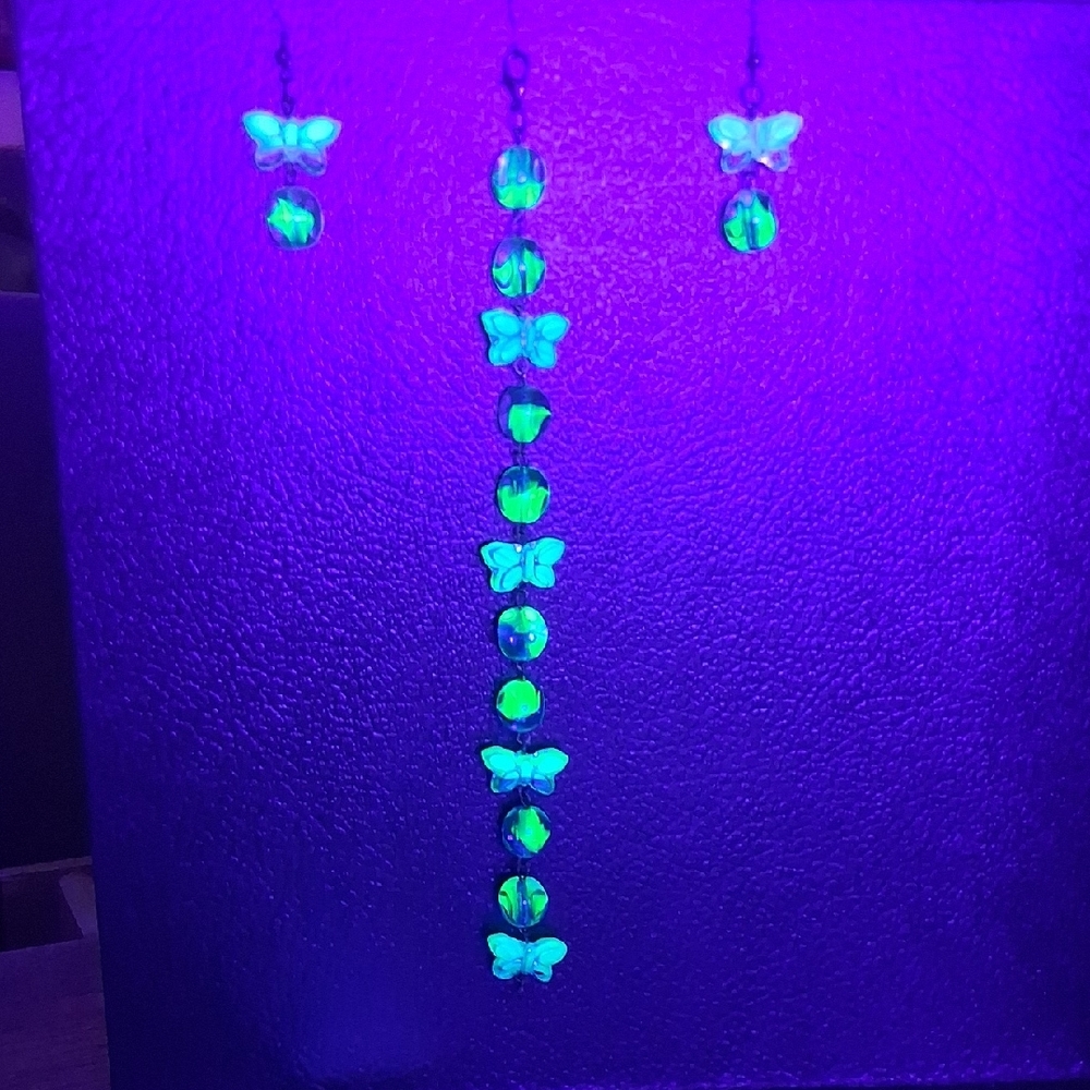 Uranium Glass Butterfly Earring & Bracelet Set